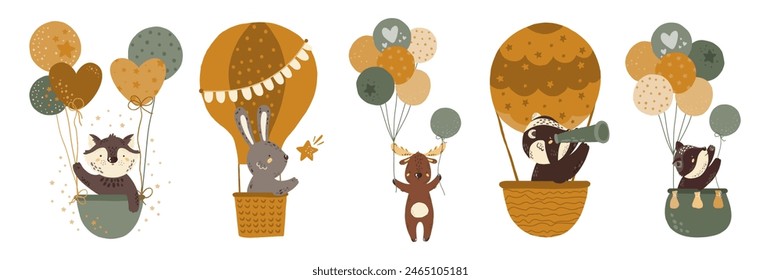 Vector illustration with forest animals on balloons . Wolf, hare, elk, badger, raccoon. Baby animals. Large set for clipart. Set of animals in cartoon style on a white background.