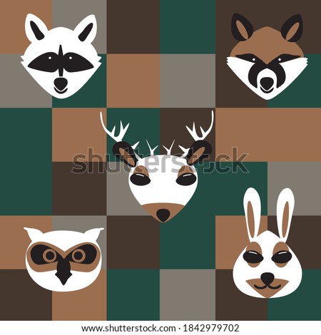 Vector illustration of forest animals on a checked background. Raccoon, fox, deer, owl, and bunny rabbit faces. Woodland colors of brown, green, tan, and gray.