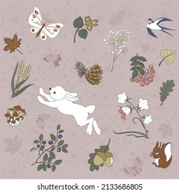 Vector illustration of forest animals and plants. Background for textiles, wrapping, cards, wallpaper