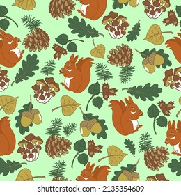 Vector illustration of forest animals and plants. Background for textiles, wrapping, cards, wallpaper