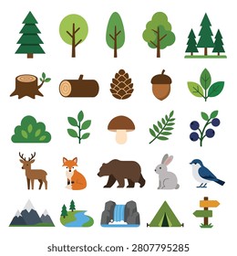 Vector illustration of forest animals plants and seasonal elements isolated on white