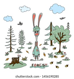 Vector illustration, forest animals, rabbit, bird
