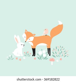 Vector illustration, forest animals, rabbit, fox, bird