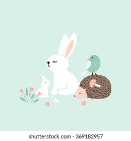 Vector illustration, forest animals, rabbits, hedgehog, bird