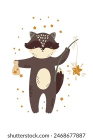 Vector illustration with forest animals. Raccoon. Baby animals. Large set for clipart. Set of animals in cartoon style on a white background.