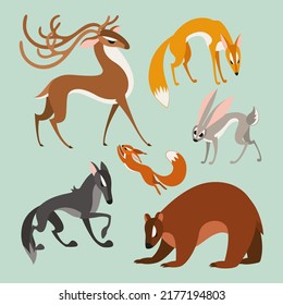 vector illustration forest animals set