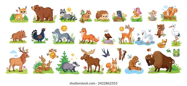 Ilustración vectorial con animales del bosque. Conjunto de animales con estilo de dibujos animados sobre un fondo blanco.