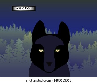 Vector illustration of forest animals terrible beast in the twilight, the dark silhouette of the wolf looks