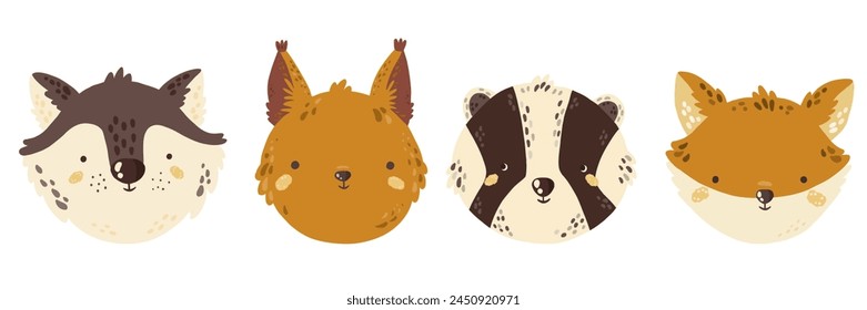 Ilustración vectorial con animales del bosque. Lobo, ardilla, tejón, zorro. Conjunto de animales en estilo de dibujos animados sobre un fondo blanco.