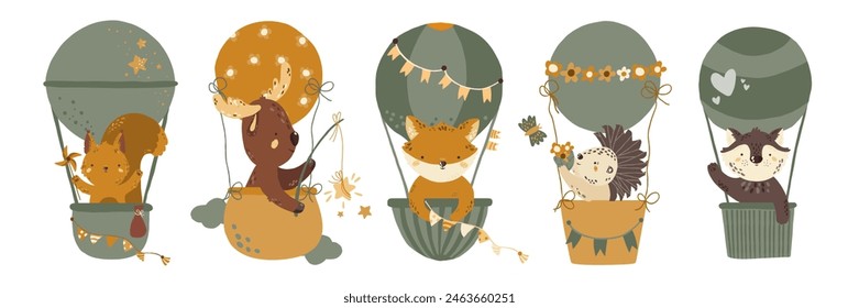 Ilustración vectorial con animales del bosque. Un lobo, una liebre, un tejón, un oso y un erizo vuelan en globos. Conjunto de animales en estilo de dibujos animados sobre un fondo blanco.