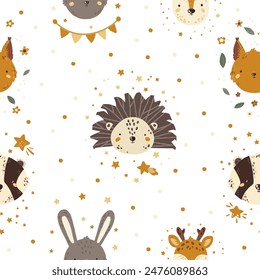 Vector illustration with forest animals. A wolf, a hare, a badger, a bear and a hedgehog are flying in balloons. Set of animals in cartoon style on a white background.