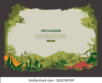 Vector illustration of forest background with copy space for text. Nature frame with forest trees, plants and wild animals.