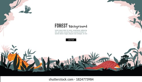 Vector illustration of forest background with copy space for text. Nature panoramic background with forest trees, plants and wild animals.