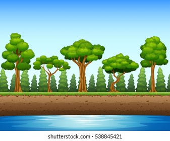 Vector illustration of Forest background with river and underground