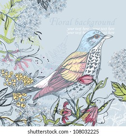 vector  illustration of a forest bird and blooming flowers