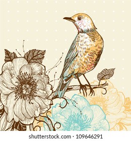 vector illustration of a forest bird and wild roses