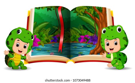 vector illustration of forest in the book and kids wearing a costume