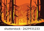Vector illustration of a forest engulfed in wildfire flames and smoke. Depicts natural disaster, climate crisis, and environmental destruction with vivid fiery tones.