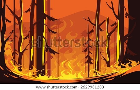Vector illustration of a forest engulfed in wildfire flames and smoke. Depicts natural disaster, climate crisis, and environmental destruction with vivid fiery tones.