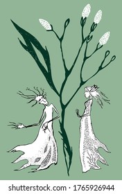Ilustración vectorial de hadas forestales bajo planta ficticia