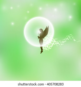Vector illustration of a forest fairy or elf. Green background. Magic flower. Magic pixy dust.