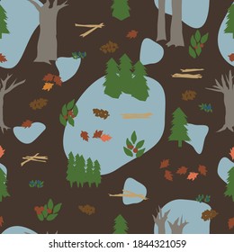 Vector illustration of a forest in fall colors with bare trees, pine trees, pinecones, blueberries, red berries, fir trees, sticks, and leaves. Brown background. Seamless pattern.