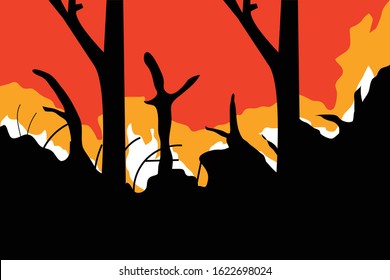 vector illustration forest fire background. Forest fire burning, Wildfire closeup at night