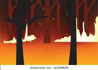 vector illustration forest fire background. Wind blowing on a flaming trees during a forest fire