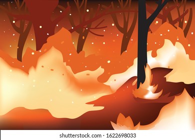 vector illustration forest fire background. Wind blowing on a flaming trees during a forest fire