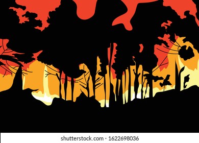 vector illustration forest fire background. Forest fire burning, Wildfire closeup at night