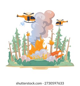 Vector illustration of a forest fire disaster with heavy smoke covering the land, Aerial Firefighting with Two Helicopters Dropping Water Over Wildfire, flat cartoon design
