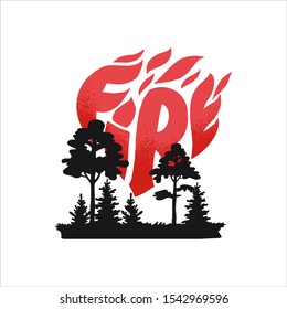 Vector illustration of a forest fire. Hand-drawn lettering in the shape of the heart of the word Fire. Design Concept.
