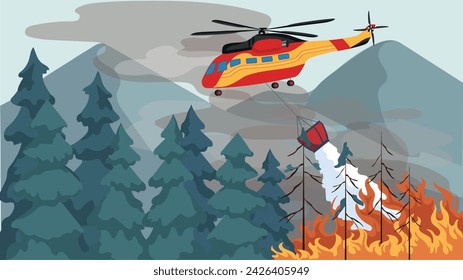 Vector illustration of forest fire scene with a helicopter conducting rescue operations to contain the fire and protect the ecosystem.