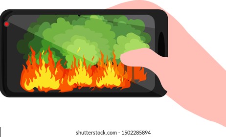 Vector illustration of forest flames showing on touch screen of modern gadget. Burning wildlife reportage. Online filming story of disaster. Phone Camera using to take photo video of wood on fire