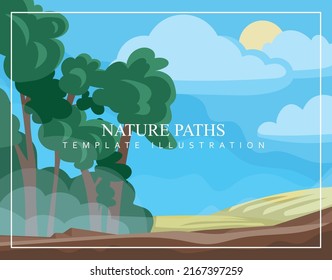 Vector illustration of a forest foggy landscape with a path leading to the fields. Modern template design with text and nature on background.