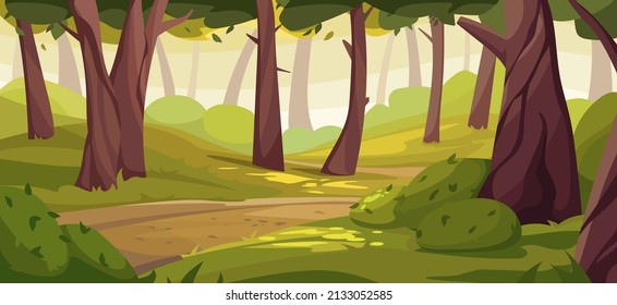 Vector illustration of forest glade in cartoon style. Summer fairy landscape