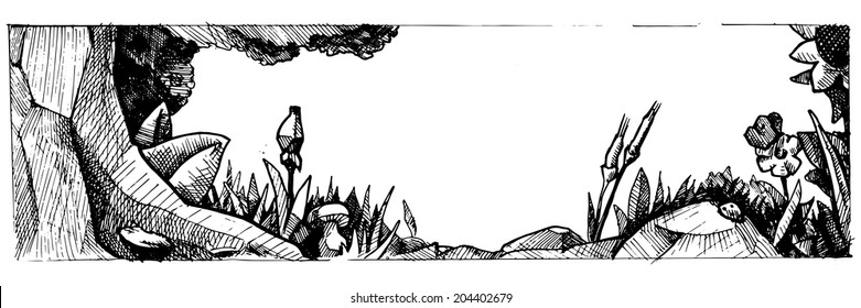 vector illustration of a forest glade stylized as engraving.