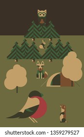 Vector illustration of a forest in green, brown and beige colors with owl, hare, fox, weasel and bullfinch and a tourist tent under the tree