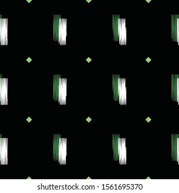 Vector illustration of forest green, lime, white scribbled warped rhombuses, rectangles on black background. Scribble texture, textile rapport. Seamless repeat pattern for gift wrap, textile, fabric