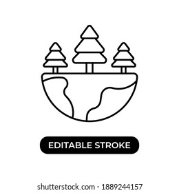 Vector illustration of forest icon. Three trees on the half of globe or earth. Editable stroke line icon