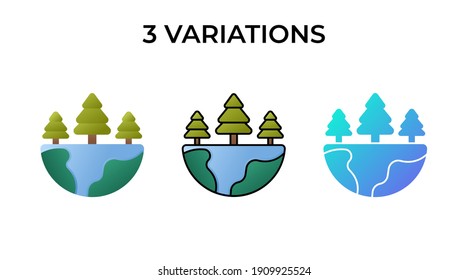 Vector illustration of forest icon. Three trees on the half of globe or earth. 3 variations flat, lineal color, gradient