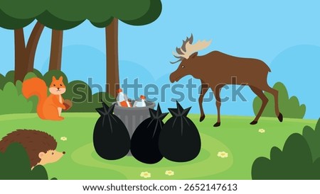 Vector illustration of a forest landscape with animals and garbage in a bin