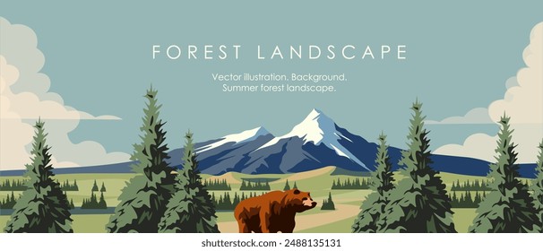 Ilustración vectorial. Paisaje forestal, fondo, fondo para Sitio web, cubierta, Anuncio Horizontal. Viajar, naturaleza.