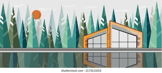Vector illustration. Forest landscape concept. Illustration of a coniferous forest with a house, a lake, a spruce tree, a river, and a beautiful view. Perfect for banner, background or poster.