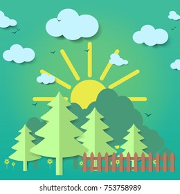 Vector illustration of forest landscape, imitating the paper. Origami
