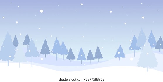 A vector illustration of a forest landscape with light blue snowfall.