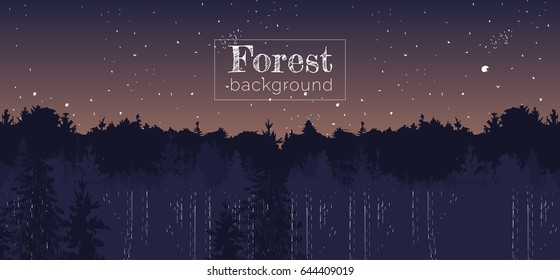 Vector illustration of a forest landscape panorama background with night sunset sky full of stars. 