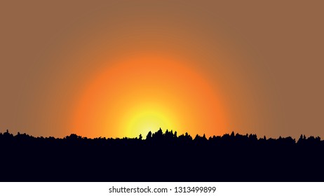 vector illustration with forest landscape in sunset.
