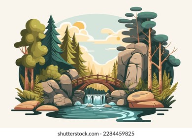 Vector illustration of a forest landscape with a waterfall and a bridge. A river with a small waterfall and a log bridge