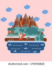 Vector illustration of forest life. Forest flora and fauna. Trendy graphic style. Mountain and lake. Fox near water and fish.